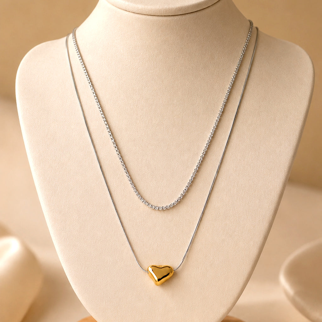 Duo Layered Two-Tone Necklace – Gold Pebble Pendant