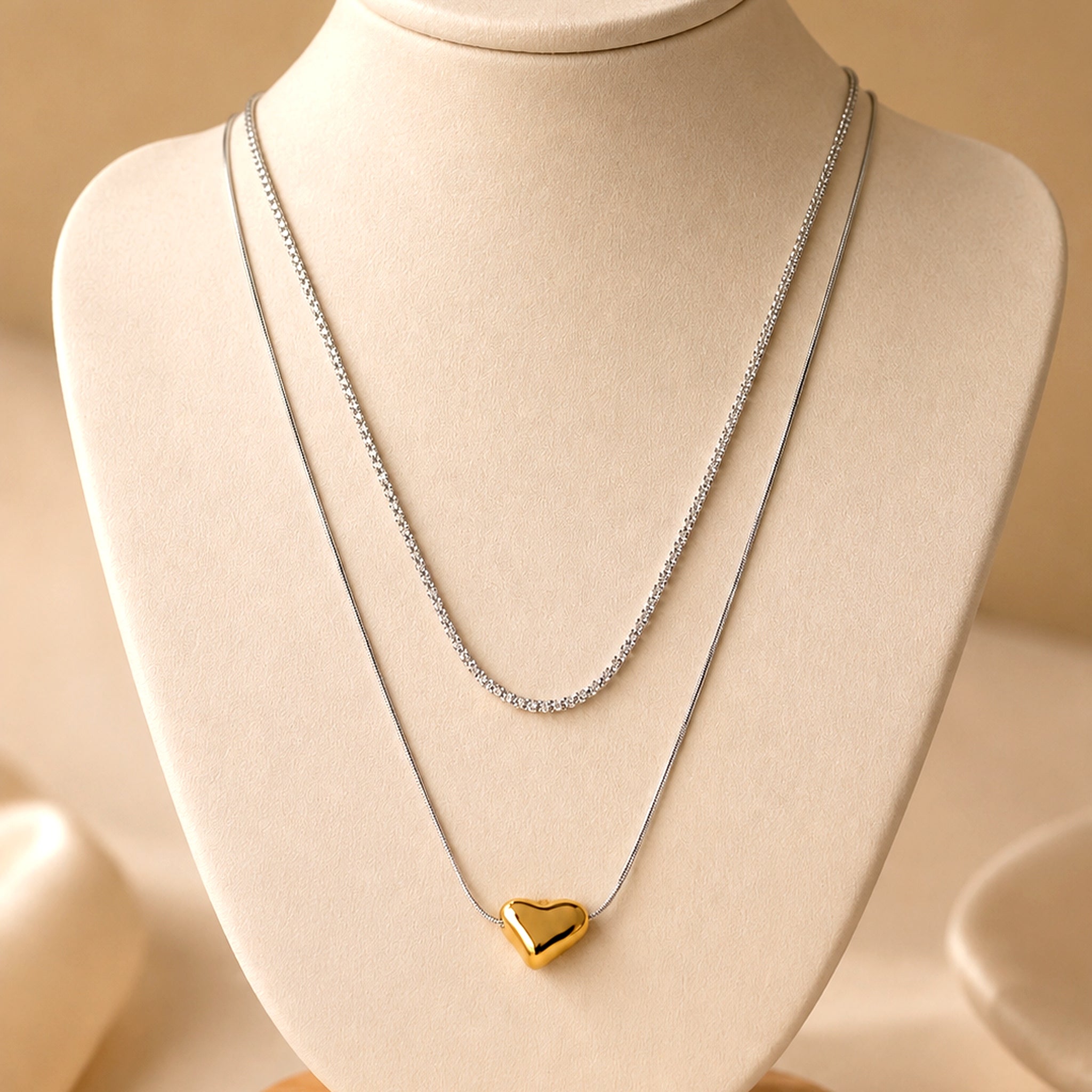 Duo Layered Two-Tone Necklace – Gold Pebble Pendant
