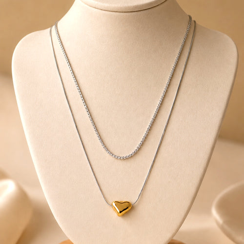 Duo Layered Two-Tone Necklace – Gold Pebble Pendant