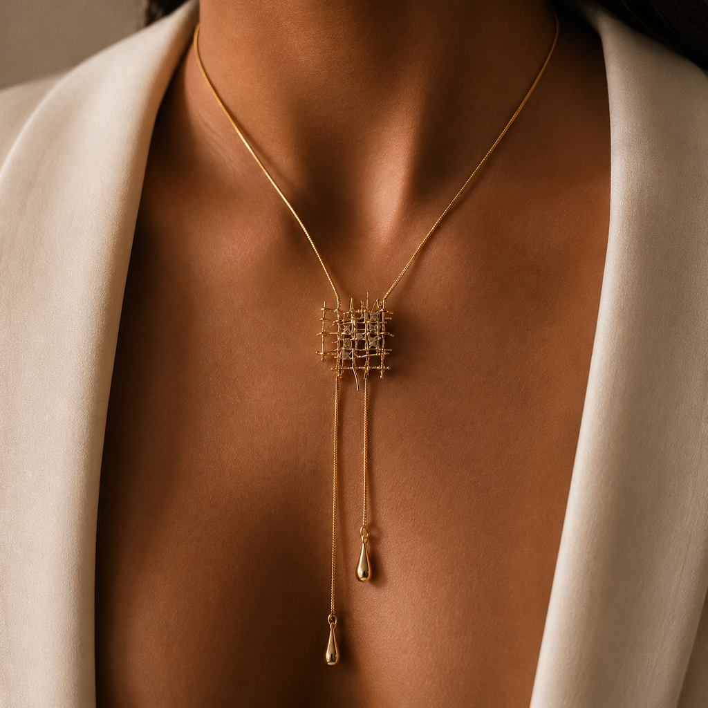 Woven Lattice Gold Lariat Necklace