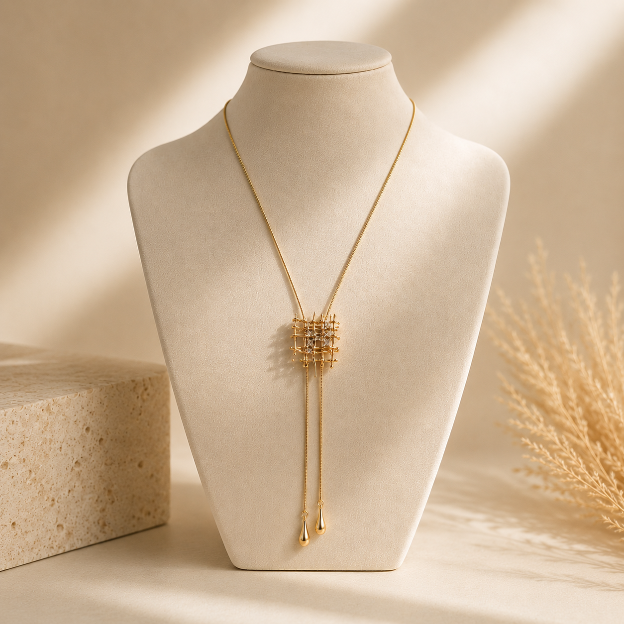 Woven Lattice Gold Lariat Necklace