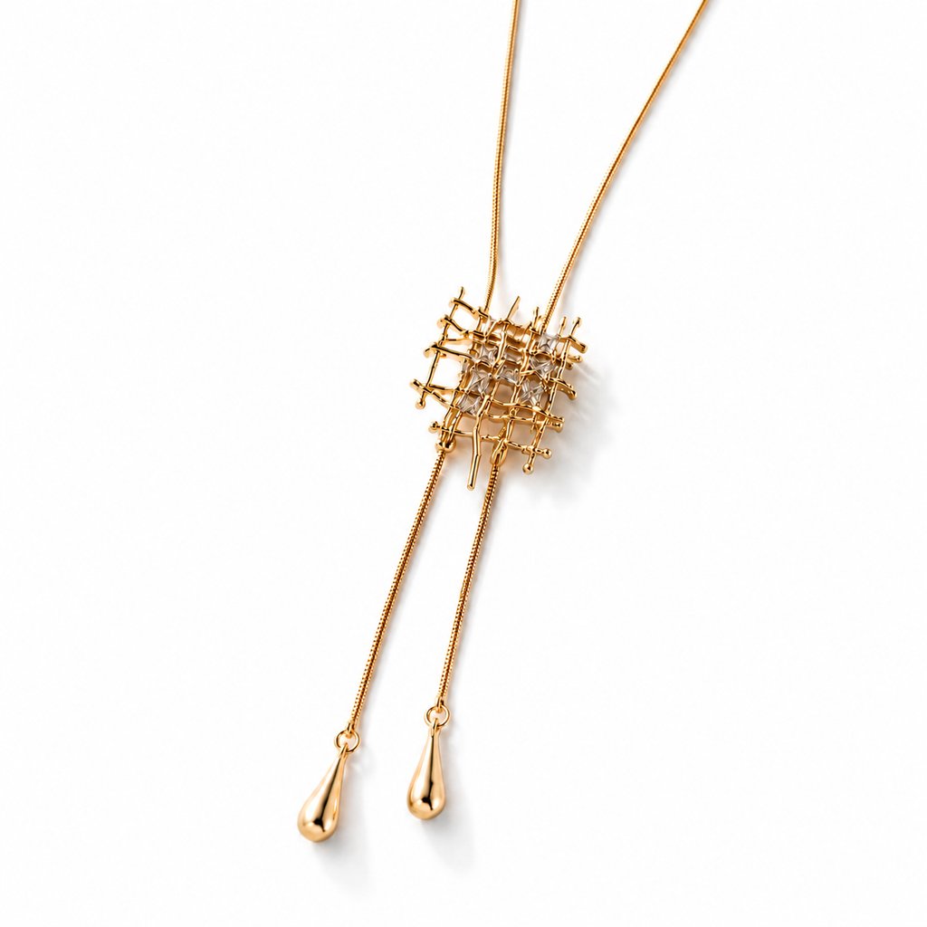 Woven Lattice Gold Lariat Necklace