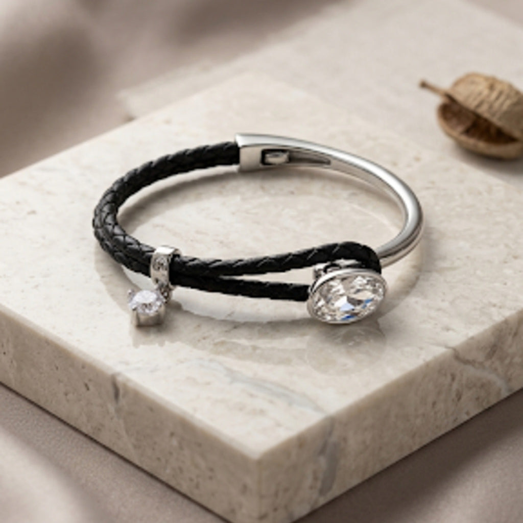 Noir Faux Leather & Bangle Crystal Cuff Bracelet