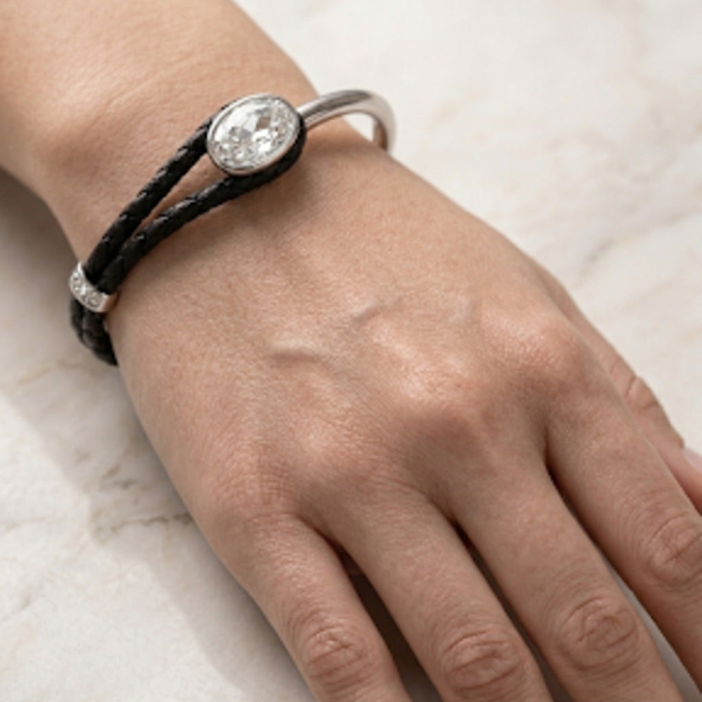 Noir Faux Leather & Bangle Crystal Cuff Bracelet