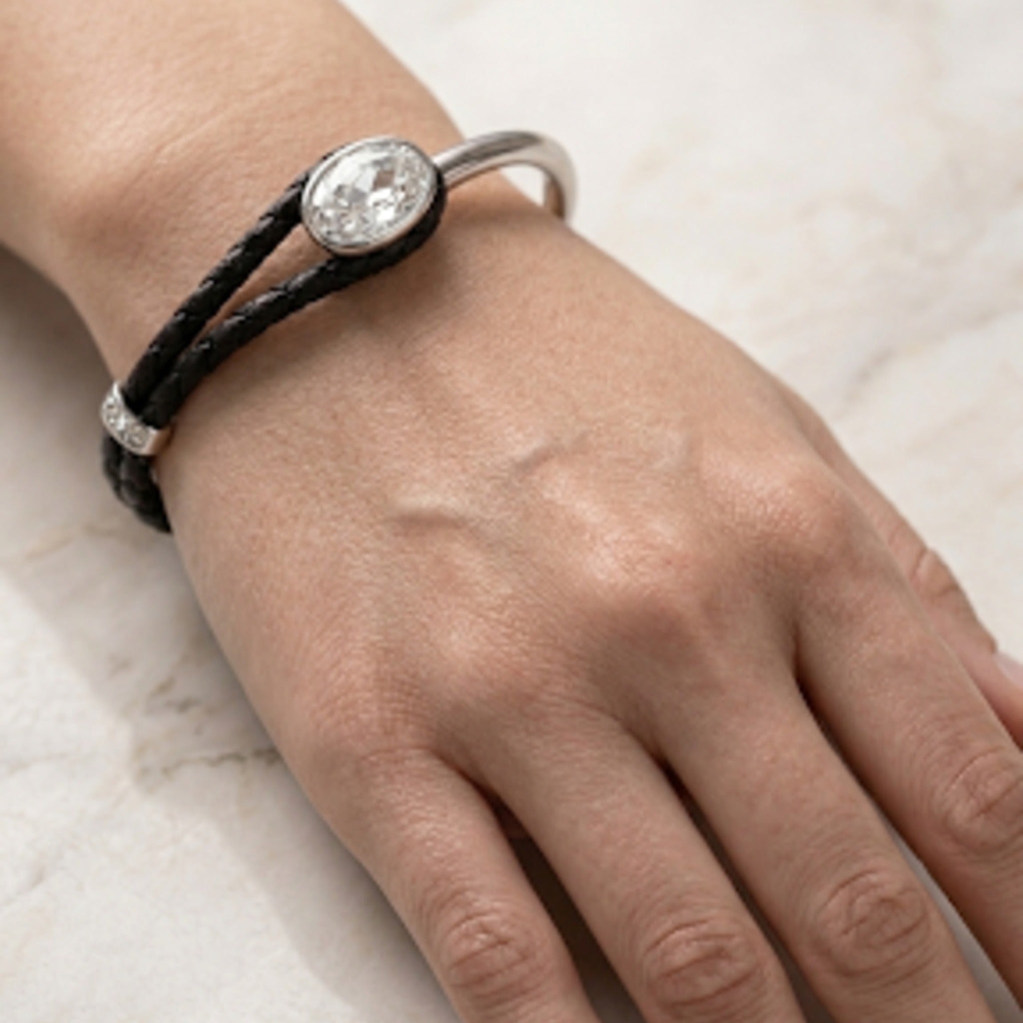 Noir Faux Leather & Bangle Crystal Cuff Bracelet